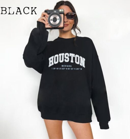 Houston Texas College Sweatshirt, Distressed College Crewneck, Gps Coordinates, USA Gift, Sports Sweatshirt